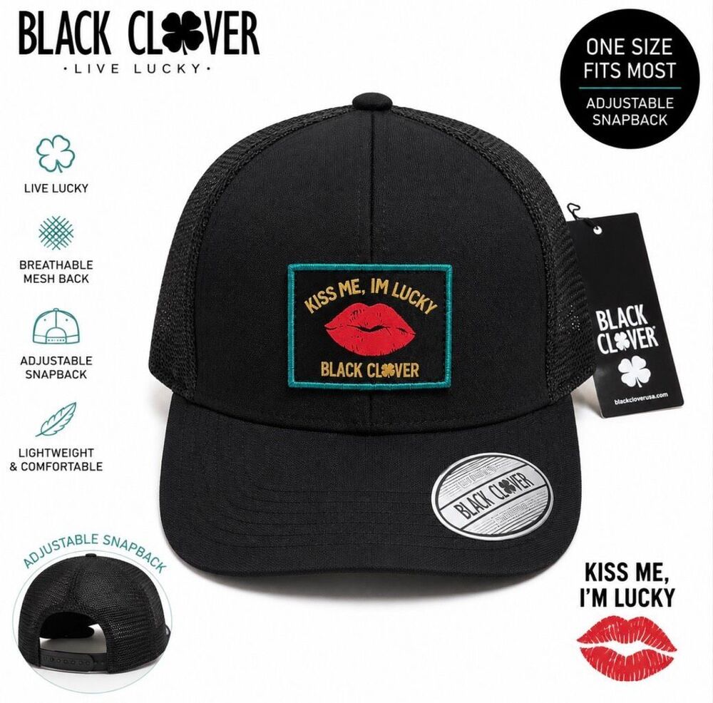Black Clover “Kiss Me, I’m Lucky” Trucker Hat Black Mesh Snapback NWT